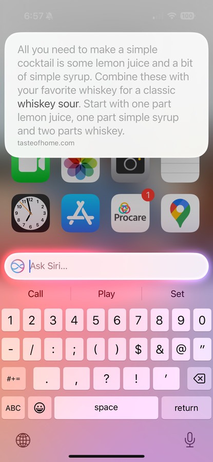 Siri in iOS 18.1 without ChatGPT just tells me to make a whiskey sour